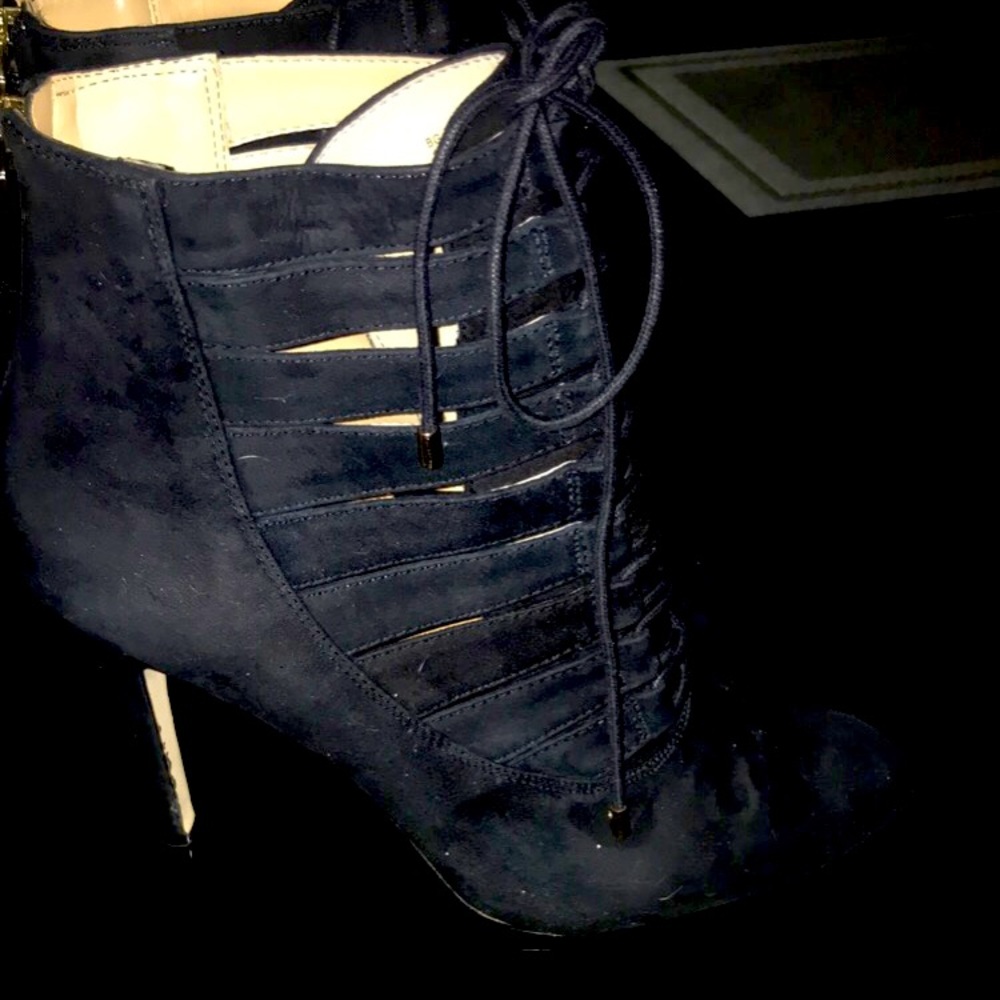 Black leather suede laced up booties.